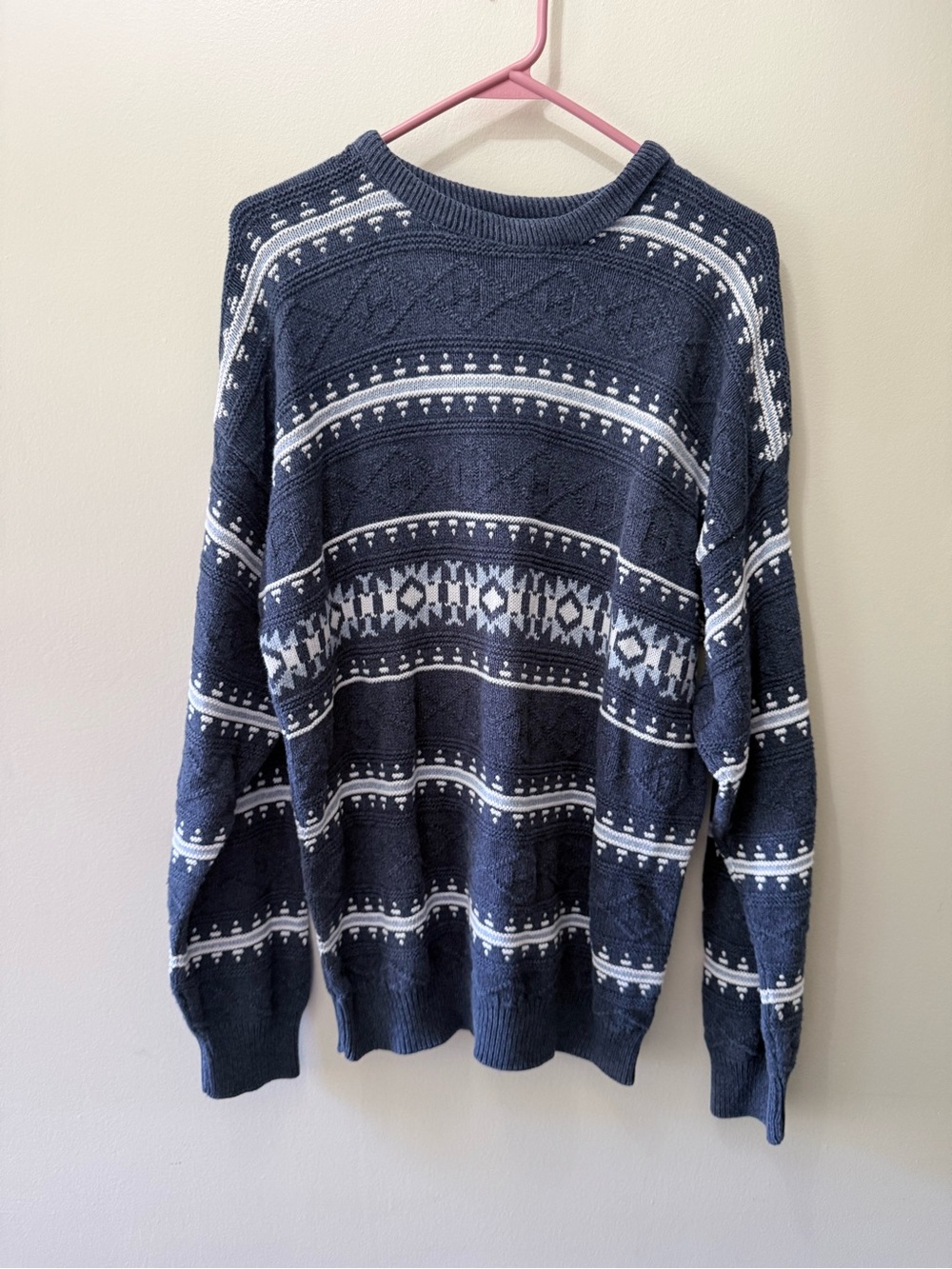 Vintage 90s Textured Knit Crew Grandpa Sweater FairIsle Blue Gray L USA